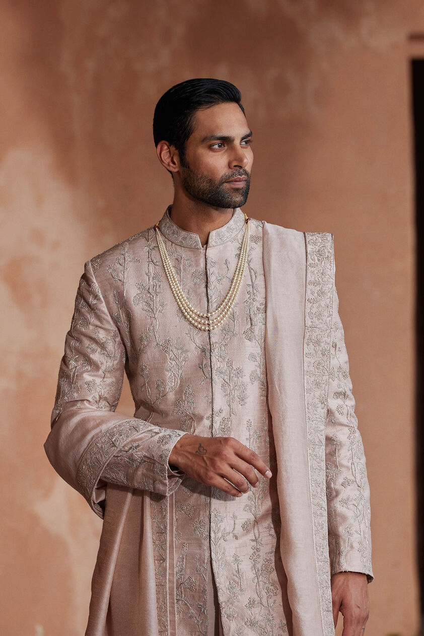 Ahmar Hand-embroidered Silk Sherwani - Salmon, Salmon, image 3